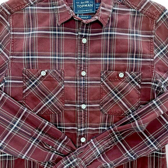 TOPMAN Button Up Shirt Plaid Classic Fit Night Out Red Blue Casual Small - Picture 2 of 8